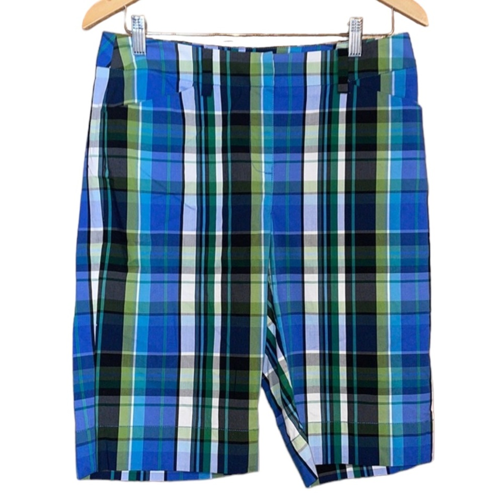 •JONES NEW YORK•BLUE/GREEN PLAID BERMUDA SPORTS STRETCH SHORTS SIZE 6 IN EUC